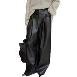 FOESCE Women's Floor Pants Fashion Casual Loose Wide Leg PU Leather  Pants Street Women Wear