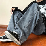 FOESCE New Korean Fashion Men's Baggy Jeans High Street Man Straight Denim Wide-leg Pants Hip Hop Bagy Light Blue Grey Black
