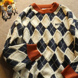 FOESCE Autumn and Winter New Checkered Sweater Men's Trendy Brand Japanese Hong Kong Style Loose Retro Casual Trendy Knitted Sweater