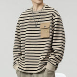 FOESCE Spring Autumn New Round Neck Long Sleeve Fashion Sweatshirts Man High Street Striped Pockets Patchwork Pullovers Elegant Tops