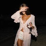 FOESCE Irregular Ruffles Dress Women's Chic V Neck Long Sleeve Lace Up Beach Dress Summer 2025 Fashion Lady Vacation Cover Up