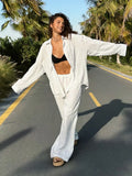 FOESCE Women Casual Brown Cotton Linen Shirt Pants Suit Fashion Single Breasted Blouses Elastic Waist Pant Set 2025 Spring Loose Outfit