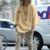 FOESCE Long Sleeve O-neck T-shirt Men's Casual Loose Top Thin Solid Color Men's Knitted Street Style Pullover T-shirt Men's Clothing