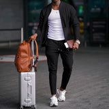 FOESCE 2025 new spring and autumn men stand collar solid color baseball casual Waffle full pants two men's suit men's wear