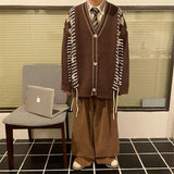 FOESCE Loose Knitted Sweater Set Men Women Vintage Patchwork Sweater Cardigan +High Street Wide Legs Loose Lantern Jeans Two-piece Sets