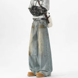 FOESCE Men Baggy Wide Leg Jeans Washed High Street Fashion 2025 Trendy Casual Streetwear Oversized Fit Light Blue Vintage Wash Trousers