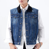 FOESCE Cotton Men's Lapel Sleeveless Denim Jacket Single Breasted Loose Vintage Vest Jacket Stylish Pocket Western Cowboy Style Male