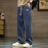 FOESCE Men Straight Leg Blue Gray Loose Y2K Drawstring Jeans Streetwear Casual Wide Denim Pants Male Baggy Stylish Harajuku Trousers