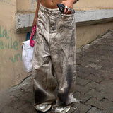FOESCE Wasteland Feng Shui Washed Old Dirty Pants Personalized Loose Wide Leg Long Pants Slim Low Waist Jeans