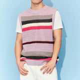 FOESCE Spring New Hollow Stripe Knitwear Sweater Vest 2025 Contrast Color O Neck Casual Tank Tops Korean Fashion Male Sleeveless Tees