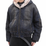FOESCE Mens Fashion Trend Thickened Denim Jacket Hooded Jacket Autumn Winter American Street Handsome Hip-Hop Y2k Jacket Mens Clothing
