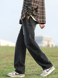 Spring Summer Men's Jeans Korean Fashion Streetwear Drawstring Straight Blue Denim Pants Wide Leg Casual Baggy Jean Trousers