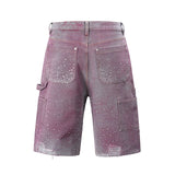 FOESCE Streetwear Full Rhinestone Print Baggy Jeans Shorts for Men Ripped Hole Washed Short Casual Loose Denim Five Point Pants