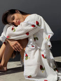 FOESCE Home Suit Women Pajamas Cotton Linen Top Skirt Set Summer Strawberry Pattern Ruffle Long Sleeve Button Blouse Mini Skirt Outfits
