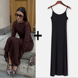 FOESCE Spring Autumn O-Neck Elastic Knit Long Dresses Women 2025 Elegant Chic Soft Lady Hollowing Sweater Dresses Femme New