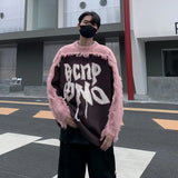 Color Blocking Jumper Patchwork Sweater For Men Vintage Streetwear Hip-hop Ruffled Knit Top Letter Harajuku Pullover