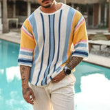 Men Sweater Loose Fit Sweater Striped Print Men's Knitted Sweater Colorful Loose-fit Pullover for Spring Summer Fall