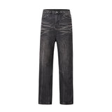 FOESCE High Street Washed Baggy Casual Hole Feet Flare Jeans Men's Y2K Straight Vintage Distressed Loose Denim Trousers Oversize Cargos