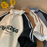 FOESCE Summer Hip Hop Men and Women Trendy Personalized Waffle Half Zipper Retro Design Polo Collar Short Sleeve Couple Casual T-shirt