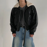 FOESCE Lambswool Pu Leather Short Cotton Coat Mens Winter Fashion Lapel Warm Cotton Coat Korean Style Trendy High-End Leather Jacket