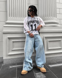 Foesce Y2K Casual Jeans Harajuku Classic Striped Light Blue Jeans Graphic Embroidery High Waist Straight Pants Baggy Trousers Men Women