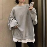 FOESCE Simplicity Contrast Patchwork Loose Trend Pullovers Top Spring Autumn Fake Two Pieces Casual Sweatshirts Fashion Women Clothing