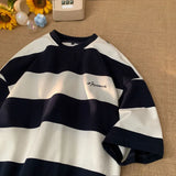 FOESCE Trendy loose fitting short sleeved men and women summer American retro striped round neck T-shirt Couple casual top harajuku