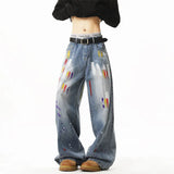 FOESCE Graffiti jeans unisex American Style Loose-fit Men's Jeans New Arrival High Street Casual Straight-leg Wide Leg Long Pants