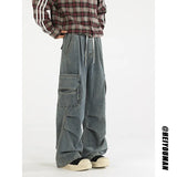 FOESCE Loose straight Jeans Men Denim Cargo Pants Wash Solid Color Multi Pockets Casual Mid Waist Trousers Unisex Daily Wear Joggers