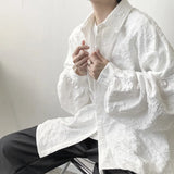 FOESCE Shirts Men Floral Japanese Style Fashion Loose Pleated Long Sleeve Vibe All-match High Street Youthful Cool Designed Vintage