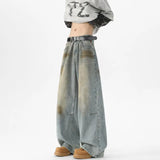 FOESCE Men Baggy Wide Leg Jeans Washed High Street Fashion 2025 Trendy Casual Streetwear Oversized Fit Light Blue Vintage Wash Trousers