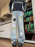 FOESCE 2025 American embroidered jeans men's summer loose straight leg trendy brand high street wide leg vintage long pants