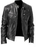 FOESCE Men's Faux Leather Jacket Autumn Fashion Solid Color Zipper Motorcycle Jacket Men's Casual Long Sleeve Zipper Button Jacket