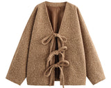 FOESCE Luxury Women Autumn Winter Tweed Jacket Urban Coat V-neck Lace-up New Loose Casual Solid Jacket Design Outerwear Lady's Tops New