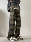 FOESCE Autumn street retro checkered straight leg pants for men and women, American loose simple casual hip-hop trendy wide leg pants