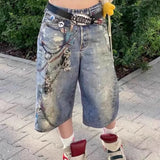FOESCE 3D Print Patchwork Baggy Jeans Shorts for Men Streetwear New Summer Wide Leg Patchwork Casual Loose Knee Length Pants Oversized