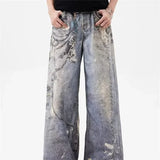 FOESCE New 3D Chain Printed Baggy Jeans For Men And Women Casual Baggy Straight Denim Pants High Street Wide-leg Y2K Blue Jean