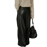 FOESCE Women's Floor Pants Fashion Casual Loose Wide Leg PU Leather  Pants Street Women Wear