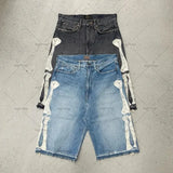 Foesce European and American Summer Retro Skeleton Denim Shorts Sports Casual Shorts New Couple Wear Street Wear Five-Fifth Pants