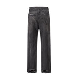 FOESCE High Street Washed Baggy Casual Hole Feet Flare Jeans Men's Y2K Straight Vintage Distressed Loose Denim Trousers Oversize Cargos