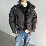 FOESCE Mens Solid Color Stand-Up Collar Cotton Casual Autumn Winter Genderless Fashion Youth Trend Korean Style Bread Jacket Unisex