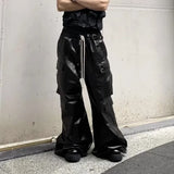 RO Style Glossy Black Pu Leather Pants for Men High Street Y2k Pantalones Hombre Baggy Overall Wide Leg Drawstring Cargo