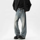 FOESCE Summer Men's Denim Pants Old Blue Washed Male Jeans Straight fleck Casual Menwear Loose Wide Leg Trousers 2025 New Fashion
