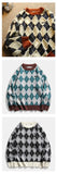 FOESCE Autumn and Winter New Checkered Sweater Men's Trendy Brand Japanese Hong Kong Style Loose Retro Casual Trendy Knitted Sweater