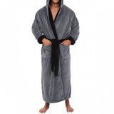 FOESCE Men Nightgown Hooded Long Sleeve Color-Blocked Thickened Plush Robe Lace-up Belt Long Style Thermal Insulation Loungewear