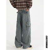 FOESCE Loose straight Jeans Men Denim Cargo Pants Wash Solid Color Multi Pockets Casual Mid Waist Trousers Unisex Daily Wear Joggers