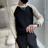 FOESCE Round Neck Contrast Color Autumn Winter Men's Clothing Sweater Knitted Pullover Long Sleeve Fashionable Casual Loose Tops