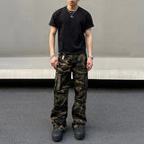 FOESCE Mens Denim Trousers Vintage American Retro High Street Camouflage Functional Design Straight Durable Versatile Trousers Summer