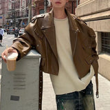 FOESCE American Street Retro Heavy Industry Rivet Motorcycle Leather Jacket Men's Elegant British Jacket Autumn Unisex Short Jacket