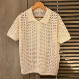 FOESCE Mens Japanese Jacquard Hollow Knitted Short-Sleeve Shirt New Sexy Solid Color Casual Simple Outer Lapel Casual Half-Sleeve Top
